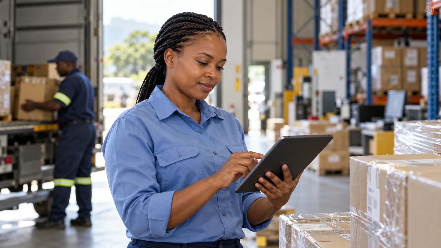 Illustrative mobile field professional capturing business information on a tablet